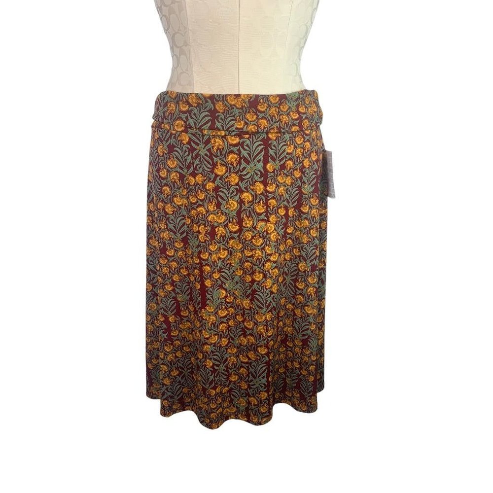 Medium LulaRoe Azure Print Midi Skirt New Red Gold Print High Waist